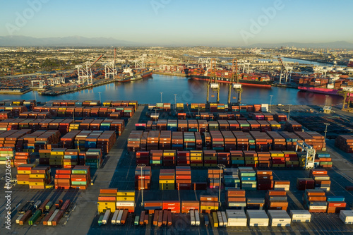 Aerial view of cargo containers in Long Beach port California USA
