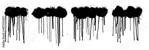 Graffiti spray template. Dirty paint clound splashes and drip lines grunge. Stencil graffiti spray isolated on white background. Black graffiti clound with splashes, smudges and drops. Vector set