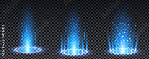 Blue hologram portal. Magic fantasy portal. Magic circle teleport podium with hologram effect. Vector blue glow rays with sparks on transparent background.