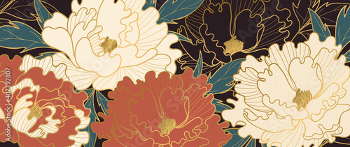 Luxury gold floral oriental style background vector. Flower wallpaper design with peony flower, Japanese, Chinese oriental line art with golden texture. Vector illustration. 