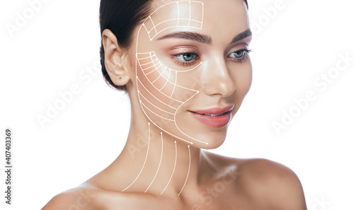 Lifting lines, advertising of face contour correction, skin and neck lifting. Facial rejuvenation concept, cosmetology