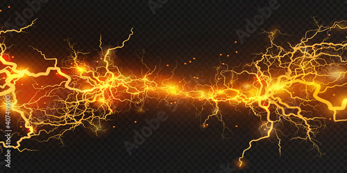 Realistic lightning bolts on a black transparent background. the charge of energy is powerful.Accumulation of electric orange and blue charges.A natural phenomenon. Magic effect. Lightning PNG. 