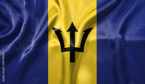 Barbados flag wave close up. Full page Barbados flying flag. Highly detailed realistic 3D rendering