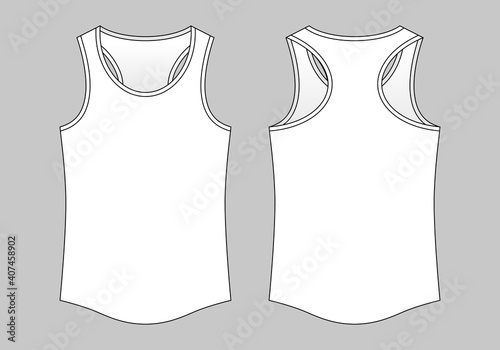 Blank White Tank Top with Curve Hem Template on Gray Background. Front and Back View, Vector File.