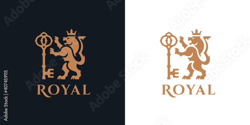 Heraldry Lion logo. Royal gold animal crest symbol with key and crown icon. Premium corporate brand identity template. Heraldic beast king sign. Vector illustration.