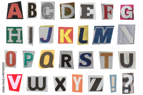 full alphabet of uppercase letters cut out from newspapers