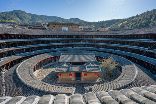 Inside view of a Tulou, a traditional Chinese architecture in Fujian, China.