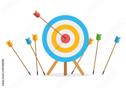 Business challenge failure concept. Lots arrows missed hitting target mark and only one hits the center. Shot miss. Failed inaccurate attempts to hit archery target. Vector illustration in front view.