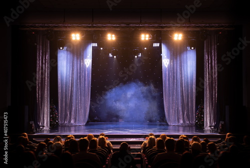 scene, stage light with colored spotlights and smoke