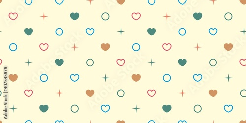 Endless seamless pattern of hearts of different colors, circles and dots. Green blue pink vector hearts on yellow. Wallpaper for wrapping paper. Background for Valentine's Day