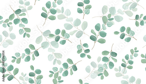 Gentle seamless pattern with silver dollar eucaliptus leaves and branches
