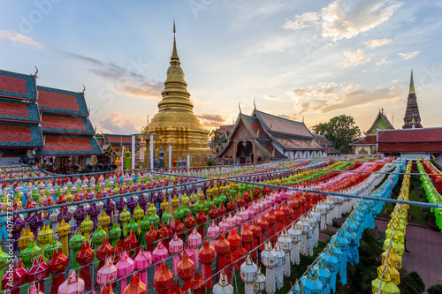 Colorful Lamp Festival and Lantern in Loi Krathong at Wat Phra That Hariphunchai, Lamphun Province, Thailand