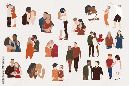 Couples Set Vector illustrations. Diverse interracial couples, lesbian couple, gay couple, elderly couple