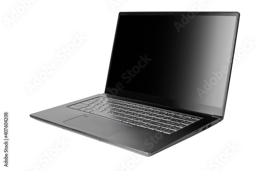 Laptop with blank black screen on white background isolated close up side view, modern slim computer design, open empty display, pc mockup, studio shot, copy space