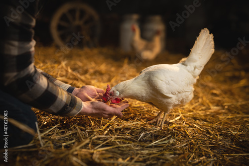 Cinematic shot of young happy female farmer with glass of fresh just produced biological milk used for genuine dairy products industry is smiling in camera in cowshed stable of countryside dairy farm.