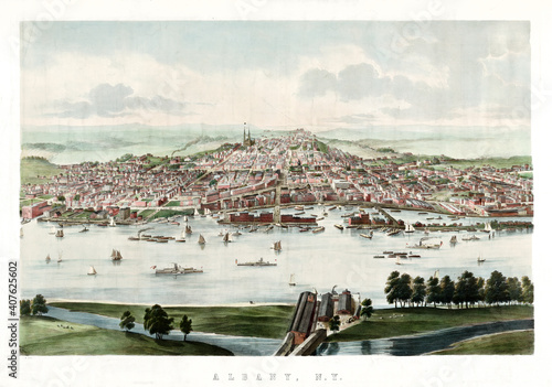 Top central view of Albany in the distance fronting hudson river, New York. Highly detailed vintage style color illustration by J.W. Hill, New York, ca. 1853