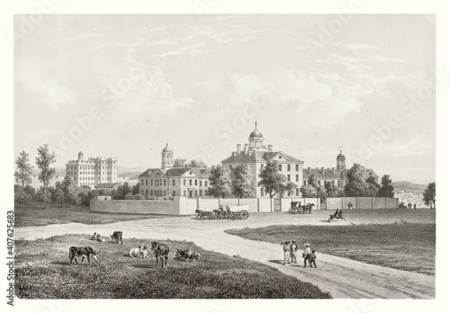 Old view of Baltimore hospital, elegant ancient building surrounded by countryside. Highly detailed vintage style gray tone illustration by unidentified author, U.S., 1849