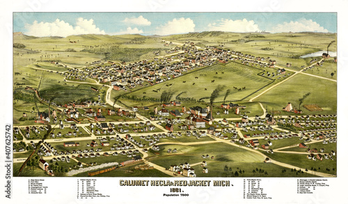 Aerial view of old Calumet and Hecla Industrial District, Michigan, with captions indicating various areas. Highly detailed vintage style color illustration by Madison and Soner, U.S., 1881