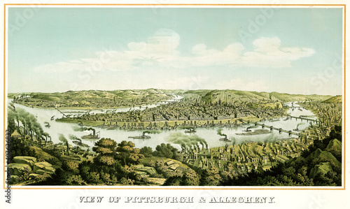 Large green landscape with Pittsburgh, Allegheny and Ohio river in the distance, Pennsylvania. Highly detailed vintage style color illustration by Krebs, U.S., 1874