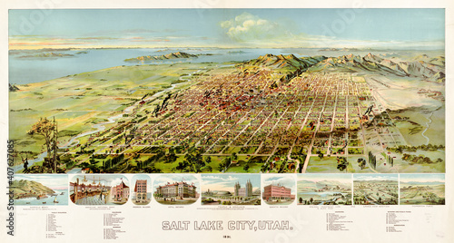 Huge aerial view of Salt Lake City, Utah. Grid roads city and great salt lake in the distance to horizon. Highly detailed vintage style color illustration by unidentified author, U.S., 1868