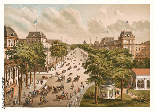 Top central perspective view of Saratoga Springs, New York. Road and buildings over horizon. Highly detailed vintage style color illustration by unidentified author, U.S., 1876