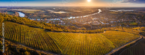 Tokaj, Hungary - Aerial panoramic view of the world famous Hungarian vineyards of Tokaj wine region with town of Tokaj, River Tisza and golden sunrise at background on a warm autumn morning