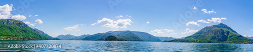 Panoramic landscape view of Bellagion village from Lake Como on the Italian riviera in Lombardy region, Italy. Scenic view on the horizon