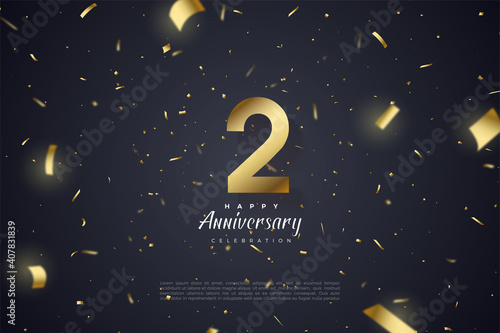 2nd Anniversary with gold number illustration on black background sprinkled with gold paper.