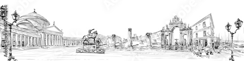 Pompeii. Piazza del Plebiscito. Fountain of Giant. Naples. Italy. City panorama. Collage of landmarks. Hand drawn sketch. Vector illustration.