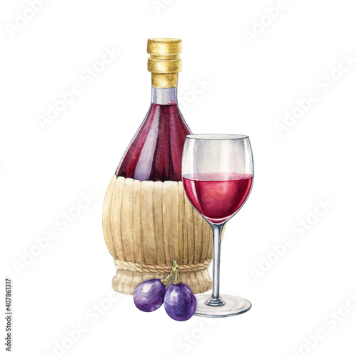 Red wine bottle with wicker bottom, glass and grapes elements. Vintage realistic traditional italy wine container arrangement watercolor illustration. Glass bottle with rustic reed decoration.