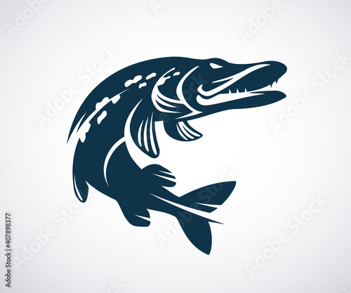 Pike icon or logo template. Jumping fish isolated on white background. Fishing concept. Vector illustration.