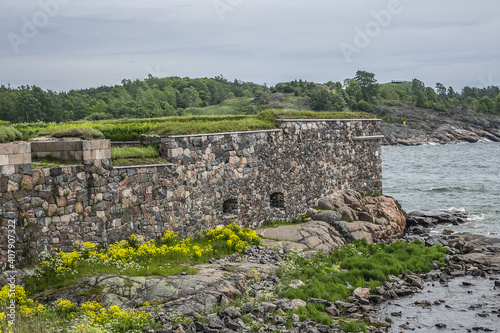 Coastal fortifications of Suomenlinna fortress. Suomenlinna (Sveaborg) - sea fortress, which built gradually from 1748 onwards on a group of islands belonging to Helsinki district. Helsinki, Finland.