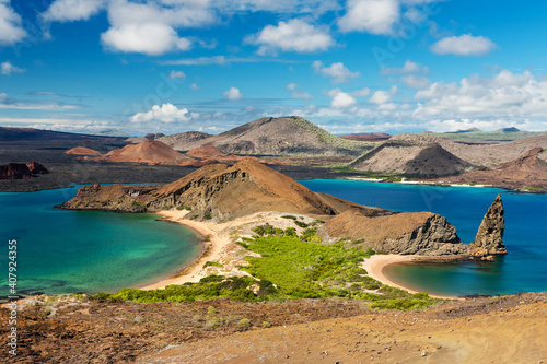 Ecuador. Galapagos Islands. View of two beaches of Bartolome Island in Galapagos Islands National park. Pinnacle Rock. Famous travel destination of Galapagos Islands.