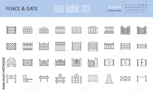 Vector fence and gate icons, road signs. Editable stroke. Wooden metal profile brick wire fences. Open and closed wickets, remote control. Safety signs, repair and construction, stop sign, electricity