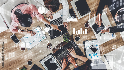 Imaginative visual of business people and financial firms staff . Concept of human resources , enterprise resource planning ERP and digital technology .