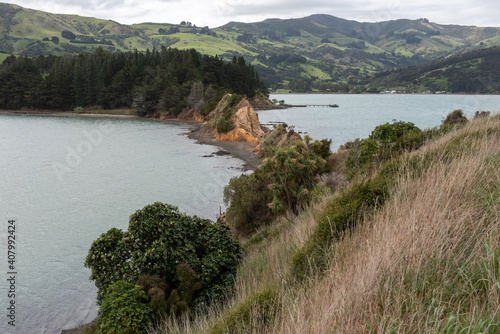 The isthmus joining Onawe Peninsula to Banks Peninsula. Viewed from Onawe Pa, Canterbury, New Zealand.