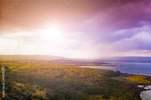 Panorama of Naivasha lake in Kenya Nakuru county view from hill, Africa