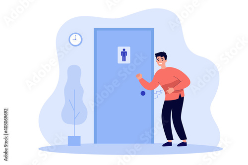 Unhappy man suffering from diarrhea, knocking public bathroom door. Vector illustration for stomach ache, toilet need, belly disease concept