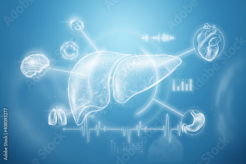 Image of a liver hologram against the background of medical data and indicators. Human hepatitis treatment business concept, disease prevention, online diagnosis. 3D rendering, 3D illustration.