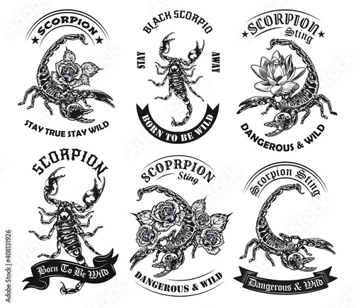 Wild scorpion monochrome tattoos and round labels vector illustration set. Vintage arachnid with poisonous sting on tail. Wildlife and fauna concept can be used for retro template, banner or poster