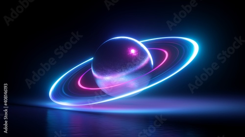 3d render, abstract geometric shape with neon light, levitating metallic ball with glowing ultraviolet rings