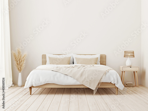 Bedroom interior mockup in boho style with fringed blanket, cushion with tassels, linen bedding, dried pampas grass, basket lamp and curtain on empty beige background. 3d rendering, 3d illustration