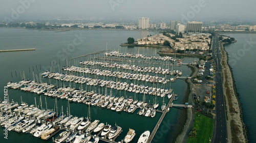 Emeryville, California, EUA - dec 2020 - aerial Sail Boats and yachts parked at docks of the Emeryville from drone