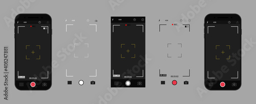 Camera in phone. Photo camera on screen of mobile with interface. UI for selfie in smartphone. App for photo, record video in cellphone. Icons of focus, frame, flash, zoom, grid and buttons. Vector.