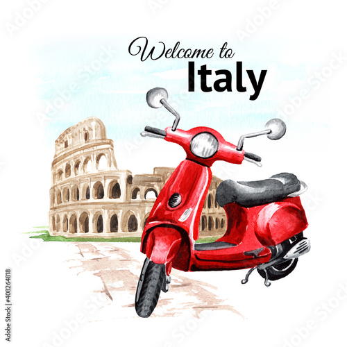 Welcome to Italy card. Red moped or scooter on the background of the Colosseum in Rome. Hand drawn watercolor illustration isolated on white background