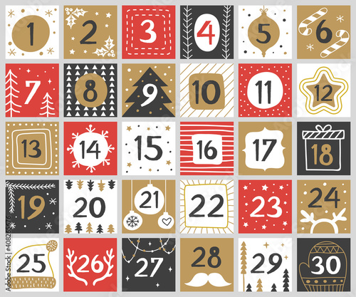 Xmas numbers. Joy funny lettering geometric round forms festive concept calendar numbers recent vector for celebration placards. Christmas number calendar december, countdown to holiday illustration
