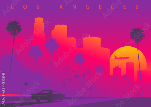 Cityscape of Los Angeles during the sunset with the huge sun. A car is driving towards downtown LA. Colorful vector illustration (original, not derived image)
