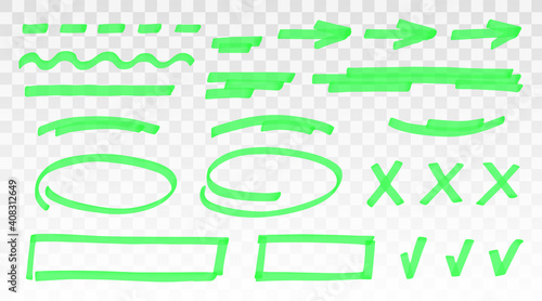 Green highlighter set - lines, arrows, crosses, check, oval, rectangle isolated on transparent background. Marker pen highlight underline strokes. Vector hand drawn graphic stylish element