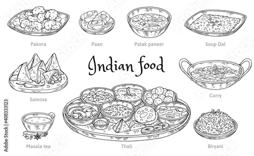 Set of indian food icons in hand engraved style vector illustration isolated.