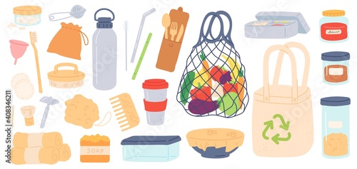 Zero waste. Reusable, plastic free and eco friendly products bags, bamboo straw, containers and wooden cutlery. Reduce garbage vector set. Eco reusable and recycle waste illustration